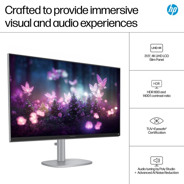 HP OmniStudio X All-in-One Desktop Next Gen AI 32-c1075t PC, Windows 11 Home, 31.5", Intel Core Ultra 7, 16GB RAM, 1TB SSD, 4K UHD, Meteor silver